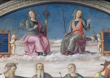 Detail von Klugheit und Gerechtigkeit, aus der Lunette in der Sala dell